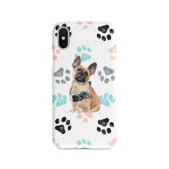 French Bulldog Muddy Paws phone case. 3 muddy styles for your Iphone 15 Pro Max, Iphone 14, 13, 12 to 6 & Samsung Galaxy S23 Ultra, S22, S21 to S6. 7 adventure dogs case muddy french bulldog colour paws front view