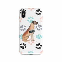 Great Dane Muddy Paws phone case. 3 muddy styles for your Iphone 15 Pro Max, Iphone 14, 13, 12 to 6 & Samsung Galaxy S23 Ultra, S22, S21 to S6. 7 adventure dogs case muddy great dane colour paws front view