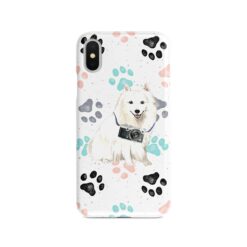 Japanese Spitz Muddy Paws phone case. 3 muddy styles for your Iphone 15 Pro Max, Iphone 14, 13, 12 to 6 & Samsung Galaxy S23 Ultra, S22, S21 to S6. 7 adventure dogs case muddy japanese spitz colour paws front view