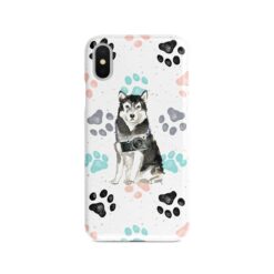 Malamute Muddy Paws phone case. 3 muddy styles for your Iphone 15 Pro Max, Iphone 14, 13, 12 to 6 & Samsung Galaxy S23 Ultra, S22, S21 to S6. 7 adventure dogs case muddy malamute colour paws front view