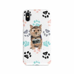 Norfolk Terrier Muddy Paws phone case. 3 muddy styles for your Iphone 15 Pro Max, Iphone 14, 13, 12 to 6 & Samsung Galaxy S23 Ultra, S22, S21 to S6. 7 adventure dogs case muddy norfolk terrier colour paws front view