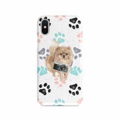 Pomeranian Muddy Paws phone case. 3 muddy styles for your Iphone 15 Pro Max, Iphone 14, 13, 12 to 6 & Samsung Galaxy S23 Ultra, S22, S21 to S6. 7 adventure dogs case muddy pomeranian colour paws front view