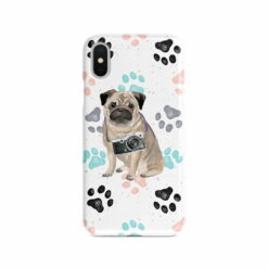 Pug Muddy Paws phone case. 3 muddy styles for your Iphone 15 Pro Max, Iphone 14, 13, 12 to 6 & Samsung Galaxy S23 Ultra, S22, S21 to S6. 7 adventure dogs case muddy pug colour paws front view