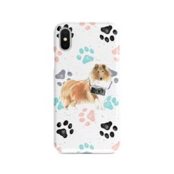 Rough Collie Muddy Paws phone case. 3 muddy styles for your Iphone 15 Pro Max, Iphone 14, 13, 12 to 6 & Samsung Galaxy S23 Ultra, S22, S21 to S6. 7 adventure dogs case muddy rough collie colour paws front view