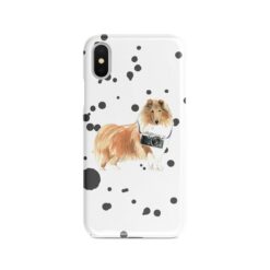 Rough Collie Muddy Paws phone case. 3 muddy styles for your Iphone 15 Pro Max, Iphone 14, 13, 12 to 6 & Samsung Galaxy S23 Ultra, S22, S21 to S6. 8 adventure dogs case muddy rough collie splash front view