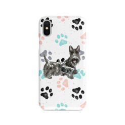 Scottish Terrier Muddy Paws phone case. 3 muddy styles for your Iphone 15 Pro Max, Iphone 14, 13, 12 to 6 & Samsung Galaxy S23 Ultra, S22, S21 to S6. 7 adventure dogs case muddy scottish terrier colour paws front view
