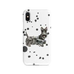 Scottish Terrier Muddy Paws phone case. 3 muddy styles for your Iphone 15 Pro Max, Iphone 14, 13, 12 to 6 & Samsung Galaxy S23 Ultra, S22, S21 to S6. 8 adventure dogs case muddy scottish terrier splash front view