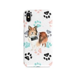 Shetland Sheepdog Muddy Paws phone case. 3 muddy styles for your Iphone 15 Pro Max, Iphone 14, 13, 12 to 6 & Samsung Galaxy S23 Ultra, S22, S21 to S6. 7 adventure dogs case muddy shetland sheepdog colour paws front view