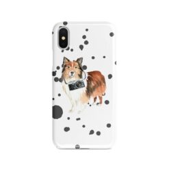 Shetland Sheepdog Muddy Paws phone case. 3 muddy styles for your Iphone 15 Pro Max, Iphone 14, 13, 12 to 6 & Samsung Galaxy S23 Ultra, S22, S21 to S6. 8 adventure dogs case muddy shetland sheepdog splash front view
