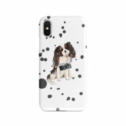 Tri colour King Charles Spaniel Muddy Paws phone case. 3 muddy styles for your Iphone 15 Pro Max, Iphone 14, 13, 12 to 6 & Samsung Galaxy S23 Ultra, S22, S21 to S6. 8 adventure dogs case muddy tri colour king charles spaniel splash front view