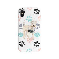 Wheaten Terrier Muddy Paws phone case. 3 muddy styles for your Iphone 15 Pro Max, Iphone 14, 13, 12 to 6 & Samsung Galaxy S23 Ultra, S22, S21 to S6. 7 adventure dogs case muddy wheaten terrier colour paws front view