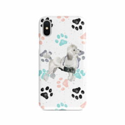 White poodle Muddy Paws phone case. 3 muddy styles for your Iphone 15 Pro Max, Iphone 14, 13, 12 to 6 & Samsung Galaxy S23 Ultra, S22, S21 to S6. 7 adventure dogs case muddy white poodle colour paws front view