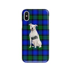 American Staffordshire terrier Tartan phone case. 11 Tartan styles for your Iphone 15 Pro Max, Iphone 14, 13, 12 to 6 & Samsung Galaxy S23 Ultra, S22, S21 to S6 18 adventure dogs tartan case american staffordshire terrier black watch front view