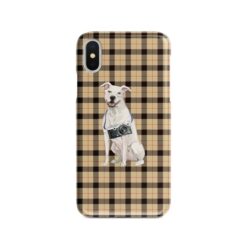 American Staffordshire terrier Tartan phone case. 11 Tartan styles for your Iphone 15 Pro Max, Iphone 14, 13, 12 to 6 & Samsung Galaxy S23 Ultra, S22, S21 to S6 20 adventure dogs tartan case american staffordshire terrier brown tartan front view