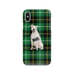 American Staffordshire terrier Tartan phone case. 11 Tartan styles for your Iphone 15 Pro Max, Iphone 14, 13, 12 to 6 & Samsung Galaxy S23 Ultra, S22, S21 to S6 23 adventure dogs tartan case american staffordshire terrier green tartan front view