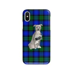 American Staffordshire terrier grey Tartan phone case. 11 Tartan styles for your Iphone 15 Pro Max, Iphone 14, 13, 12 to 6 & Samsung Galaxy S23 Ultra, S22, S21 to S6 17 adventure dogs tartan case american staffordshire terrier grey black watch front view