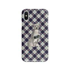 American Staffordshire terrier grey Tartan phone case. 11 Tartan styles for your Iphone 15 Pro Max, Iphone 14, 13, 12 to 6 & Samsung Galaxy S23 Ultra, S22, S21 to S6 18 adventure dogs tartan case american staffordshire terrier grey blue beige front view