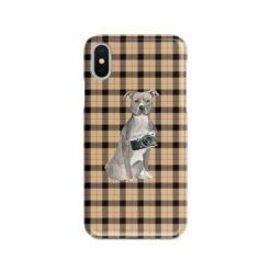 American Staffordshire terrier grey Tartan phone case. 11 Tartan styles for your Iphone 15 Pro Max, Iphone 14, 13, 12 to 6 & Samsung Galaxy S23 Ultra, S22, S21 to S6 19 adventure dogs tartan case american staffordshire terrier grey brown tartan front view
