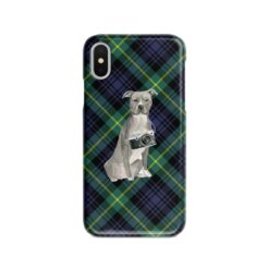 American Staffordshire terrier grey Tartan phone case. 11 Tartan styles for your Iphone 15 Pro Max, Iphone 14, 13, 12 to 6 & Samsung Galaxy S23 Ultra, S22, S21 to S6 21 adventure dogs tartan case american staffordshire terrier grey gordon front view