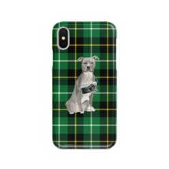 American Staffordshire terrier grey Tartan phone case. 11 Tartan styles for your Iphone 15 Pro Max, Iphone 14, 13, 12 to 6 & Samsung Galaxy S23 Ultra, S22, S21 to S6 22 adventure dogs tartan case american staffordshire terrier grey green tartan front view