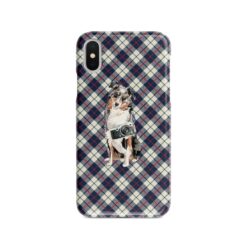Australian Shepherd Tartan phone case. 11 Tartan styles for your Iphone 15 Pro Max, Iphone 14, 13, 12 to 6 & Samsung Galaxy S23 Ultra, S22, S21 to S6 18 adventure dogs tartan case australian shepherd blue beige front view