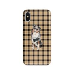 Australian Shepherd Tartan phone case. 11 Tartan styles for your Iphone 15 Pro Max, Iphone 14, 13, 12 to 6 & Samsung Galaxy S23 Ultra, S22, S21 to S6 19 adventure dogs tartan case australian shepherd brown tartan front view