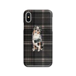 Australian Shepherd Tartan phone case. 11 Tartan styles for your Iphone 15 Pro Max, Iphone 14, 13, 12 to 6 & Samsung Galaxy S23 Ultra, S22, S21 to S6 20 adventure dogs tartan case australian shepherd dark tartan front view