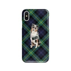 Australian Shepherd Tartan phone case. 11 Tartan styles for your Iphone 15 Pro Max, Iphone 14, 13, 12 to 6 & Samsung Galaxy S23 Ultra, S22, S21 to S6 21 adventure dogs tartan case australian shepherd gordon front view