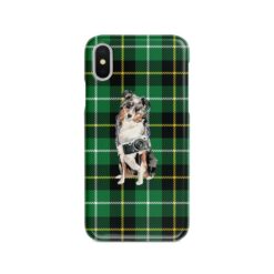 Australian Shepherd Tartan phone case. 11 Tartan styles for your Iphone 15 Pro Max, Iphone 14, 13, 12 to 6 & Samsung Galaxy S23 Ultra, S22, S21 to S6 22 adventure dogs tartan case australian shepherd green tartan front view