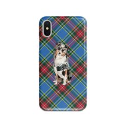 Australian Shepherd Tartan phone case. 11 Tartan styles for your Iphone 15 Pro Max, Iphone 14, 13, 12 to 6 & Samsung Galaxy S23 Ultra, S22, S21 to S6 23 adventure dogs tartan case australian shepherd macbeth front view