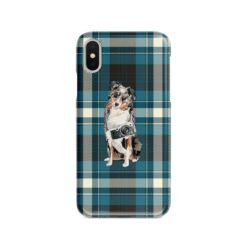 Australian Shepherd Tartan phone case. 11 Tartan styles for your Iphone 15 Pro Max, Iphone 14, 13, 12 to 6 & Samsung Galaxy S23 Ultra, S22, S21 to S6 24 adventure dogs tartan case australian shepherd modern front view
