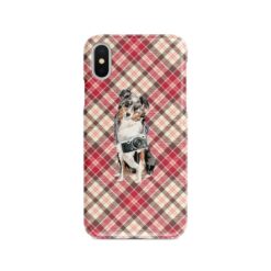 Australian Shepherd Tartan phone case. 11 Tartan styles for your Iphone 15 Pro Max, Iphone 14, 13, 12 to 6 & Samsung Galaxy S23 Ultra, S22, S21 to S6 25 adventure dogs tartan case australian shepherd pink front view