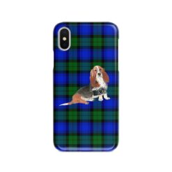 Basset Hound Tartan phone case. 11 Tartan styles for your Iphone 15 Pro Max, Iphone 14, 13, 12 to 6 & Samsung Galaxy S23 Ultra, S22, S21 to S6 17 adventure dogs tartan case basset hound black watch front view