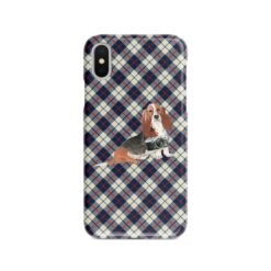 Basset Hound Tartan phone case. 11 Tartan styles for your Iphone 15 Pro Max, Iphone 14, 13, 12 to 6 & Samsung Galaxy S23 Ultra, S22, S21 to S6 18 adventure dogs tartan case basset hound blue beige front view