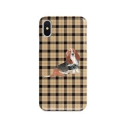 Basset Hound Tartan phone case. 11 Tartan styles for your Iphone 15 Pro Max, Iphone 14, 13, 12 to 6 & Samsung Galaxy S23 Ultra, S22, S21 to S6 19 adventure dogs tartan case basset hound brown tartan front view