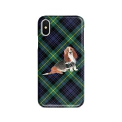 Basset Hound Tartan phone case. 11 Tartan styles for your Iphone 15 Pro Max, Iphone 14, 13, 12 to 6 & Samsung Galaxy S23 Ultra, S22, S21 to S6 21 adventure dogs tartan case basset hound gordon front view