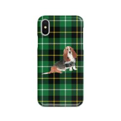 Basset Hound Tartan phone case. 11 Tartan styles for your Iphone 15 Pro Max, Iphone 14, 13, 12 to 6 & Samsung Galaxy S23 Ultra, S22, S21 to S6 22 adventure dogs tartan case basset hound green tartan front view