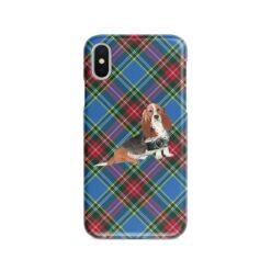 Basset Hound Tartan phone case. 11 Tartan styles for your Iphone 15 Pro Max, Iphone 14, 13, 12 to 6 & Samsung Galaxy S23 Ultra, S22, S21 to S6 23 adventure dogs tartan case basset hound macbeth front view