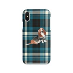 Basset Hound Tartan phone case. 11 Tartan styles for your Iphone 15 Pro Max, Iphone 14, 13, 12 to 6 & Samsung Galaxy S23 Ultra, S22, S21 to S6 24 adventure dogs tartan case basset hound modern front view