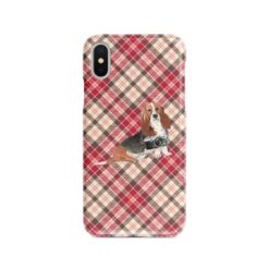 Basset Hound Tartan phone case. 11 Tartan styles for your Iphone 15 Pro Max, Iphone 14, 13, 12 to 6 & Samsung Galaxy S23 Ultra, S22, S21 to S6 25 adventure dogs tartan case basset hound pink front view
