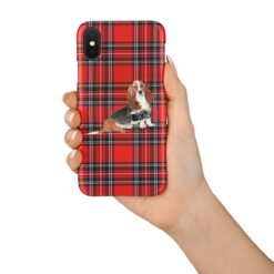 Basset Hound Tartan phone case. 11 Tartan styles for your Iphone 15 Pro Max, Iphone 14, 13, 12 to 6 & Samsung Galaxy S23 Ultra, S22, S21 to S6 16 adventure dogs tartan case basset hound royal stewart in hand