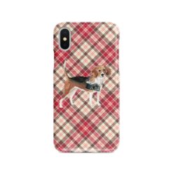 Beagle Tartan phone case. 11 Tartan styles for your Iphone 15 Pro Max, Iphone 14, 13, 12 to 6 & Samsung Galaxy S23 Ultra, S22, S21 to S6 25 adventure dogs tartan case beagle pink front view