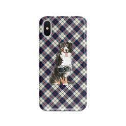 Bernese Mountain Dog Tartan phone case. 11 Tartan styles for your Iphone 15 Pro Max, Iphone 14, 13, 12 to 6 & Samsung Galaxy S23 Ultra, S22, S21 to S6 18 adventure dogs tartan case bernese mountain dog blue beige front view