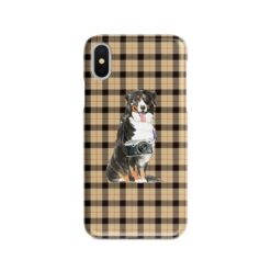 Bernese Mountain Dog Tartan phone case. 11 Tartan styles for your Iphone 15 Pro Max, Iphone 14, 13, 12 to 6 & Samsung Galaxy S23 Ultra, S22, S21 to S6 19 adventure dogs tartan case bernese mountain dog brown tartan front view