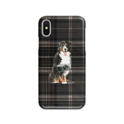 Bernese Mountain Dog Tartan phone case. 11 Tartan styles for your Iphone 15 Pro Max, Iphone 14, 13, 12 to 6 & Samsung Galaxy S23 Ultra, S22, S21 to S6 20 adventure dogs tartan case bernese mountain dog dark tartan front view