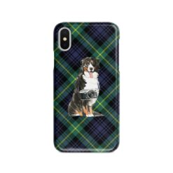 Bernese Mountain Dog Tartan phone case. 11 Tartan styles for your Iphone 15 Pro Max, Iphone 14, 13, 12 to 6 & Samsung Galaxy S23 Ultra, S22, S21 to S6 21 adventure dogs tartan case bernese mountain dog gordon front view