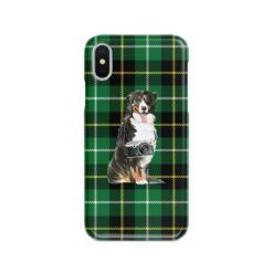 Bernese Mountain Dog Tartan phone case. 11 Tartan styles for your Iphone 15 Pro Max, Iphone 14, 13, 12 to 6 & Samsung Galaxy S23 Ultra, S22, S21 to S6 22 adventure dogs tartan case bernese mountain dog green tartan front view