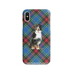 Bernese Mountain Dog Tartan phone case. 11 Tartan styles for your Iphone 15 Pro Max, Iphone 14, 13, 12 to 6 & Samsung Galaxy S23 Ultra, S22, S21 to S6 23 adventure dogs tartan case bernese mountain dog macbeth front view