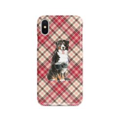 Bernese Mountain Dog Tartan phone case. 11 Tartan styles for your Iphone 15 Pro Max, Iphone 14, 13, 12 to 6 & Samsung Galaxy S23 Ultra, S22, S21 to S6 25 adventure dogs tartan case bernese mountain dog pink front view