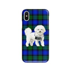Bichon Frise Tartan phone case. 11 Tartan styles for your Iphone 15 Pro Max, Iphone 14, 13, 12 to 6 & Samsung Galaxy S23 Ultra, S22, S21 to S6 17 adventure dogs tartan case bichon frise black watch front view